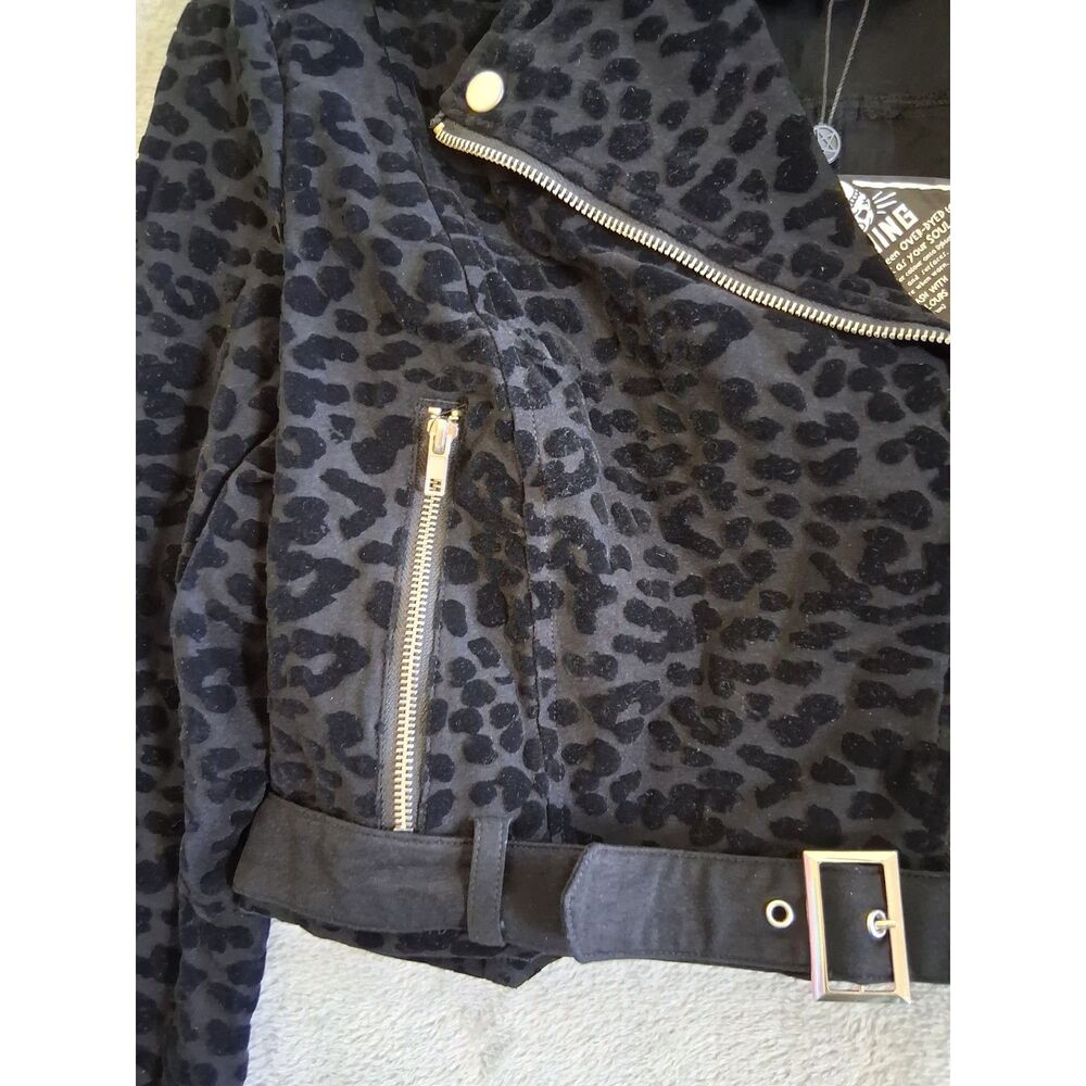Killstar Sz Lg Claw Black Biker Cropped Jacket Flocked Leopard Print Goth New - Picture 4 of 12